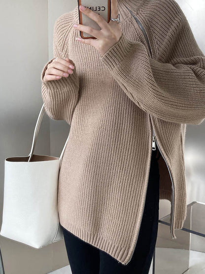 Long Sleeves Loose Split-Joint Split-Side Zipper High Neck Sweater Tops