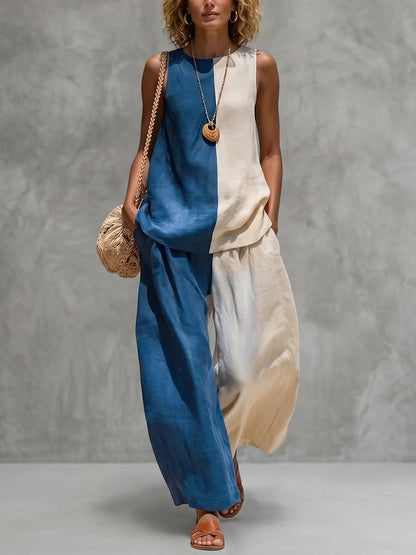 Loose Sleeveless Contrast Color Round-Neck Blouses&Shirts Tops + Pleated Pockets Casual Trousers Pants Bottoms Two Pieces Set