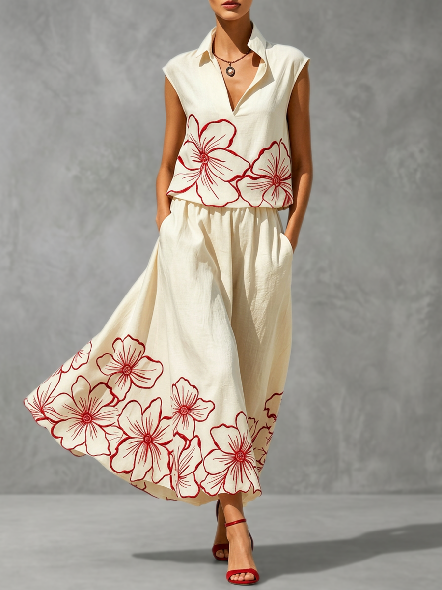 Sleeveless Contrast Color Floral Printed Lapel Blouses&Shirts Tops