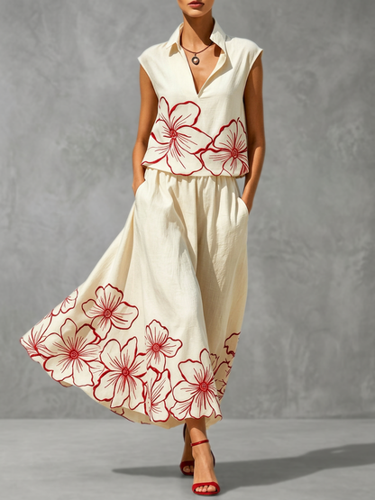Sleeveless Contrast Color Floral Printed Lapel Blouses&Shirts Tops