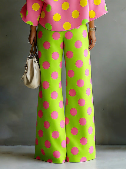 Loose Wide Leg Buttoned Pockets Polka-Dot Pants Trousers