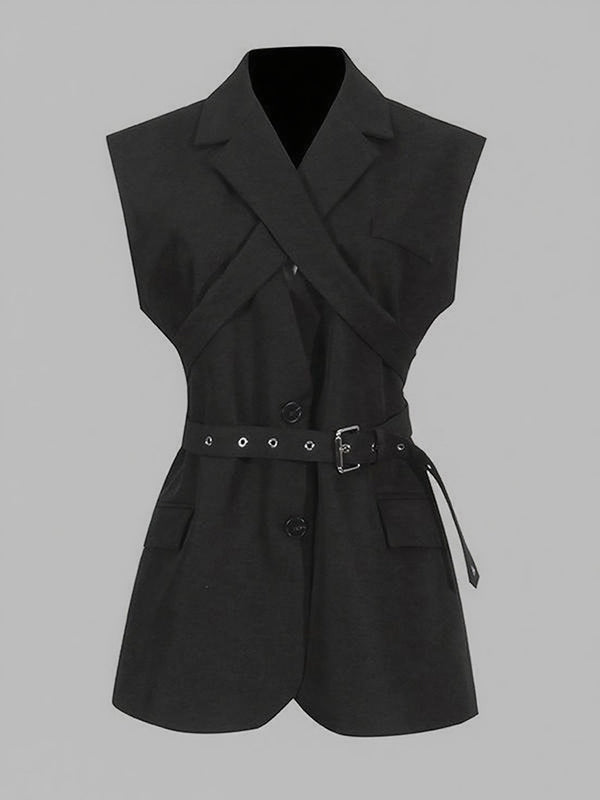 Loose Sleeveless Belted Buttoned Solid Color Notched Collar Blazer Vest Outerwear