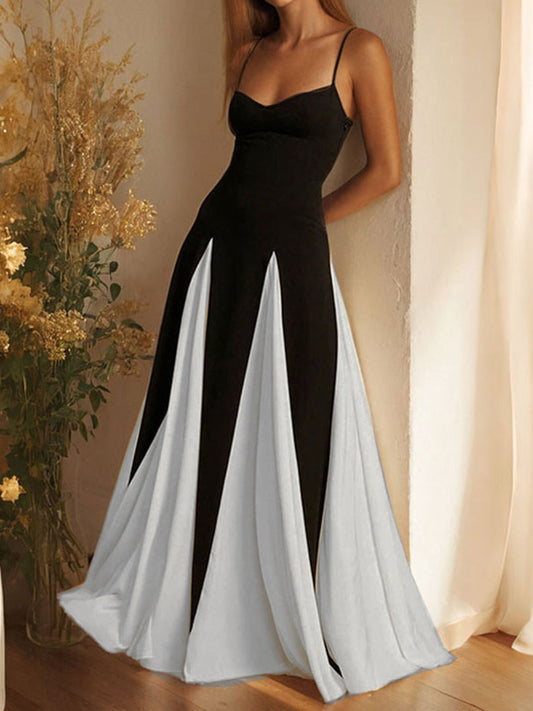 A-Line High Waisted Contrast Color Split-Joint Spaghetti-Neck Maxi Dresses