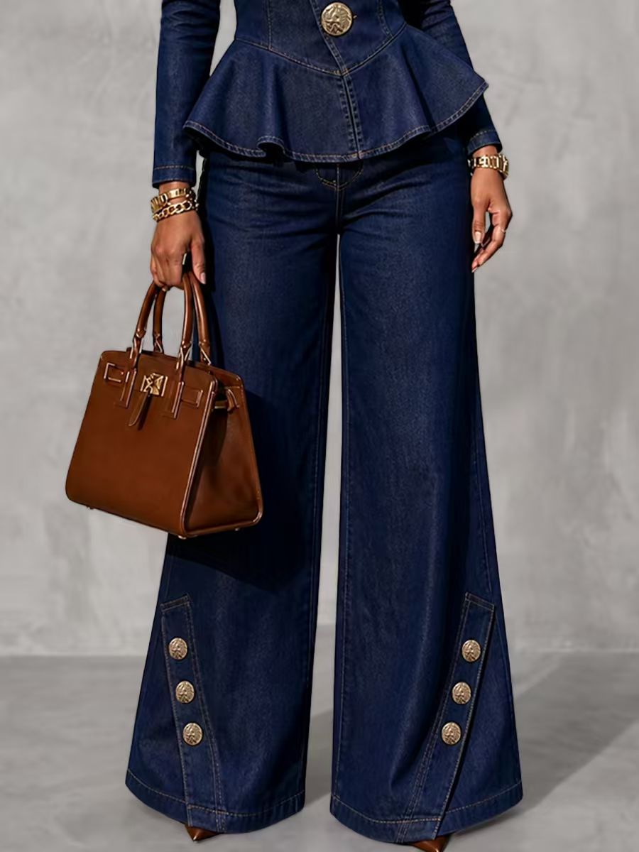 Split-Joint Pockets Buttoned Wide Leg Jean Pants Bottoms