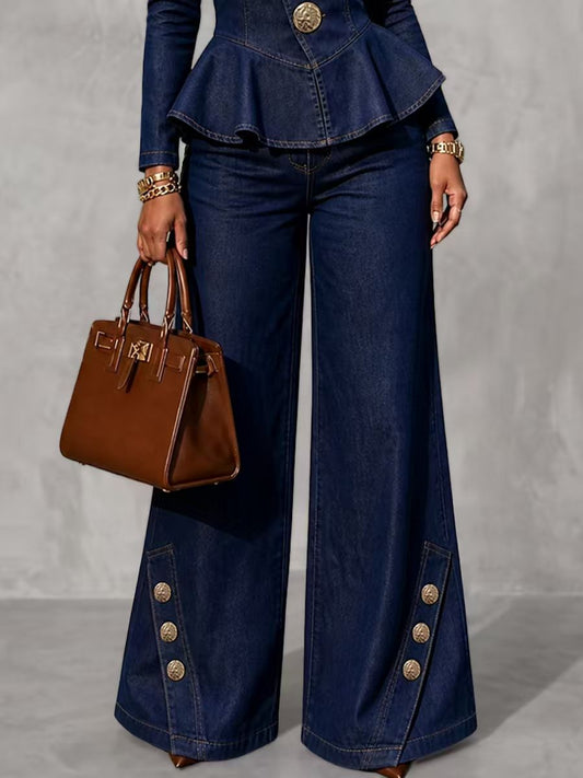 Split-Joint Pockets Buttoned Wide Leg Jean Pants Bottoms