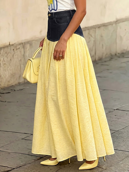 A-Line High Waisted Contrast Color Pleated Pockets Split-Joint Skirts Bottoms