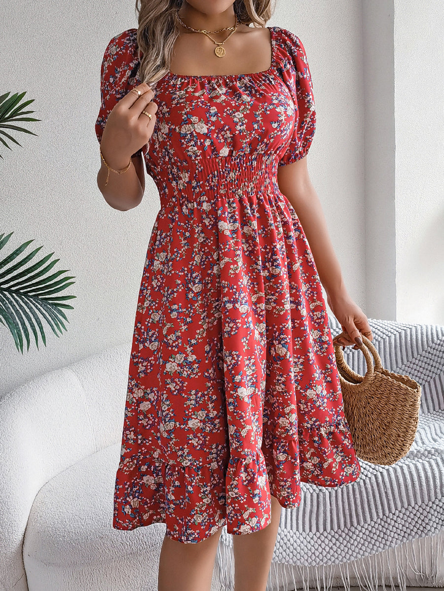 A-Line Short Sleeves Contrast Color Elasticity Flower Print Ruffle Trim Split-Joint Square-Neck Midi Dresses