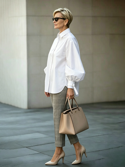 Long Sleeves Loose Buttoned Solid Color Tied Lapel Blouses&Shirts Tops