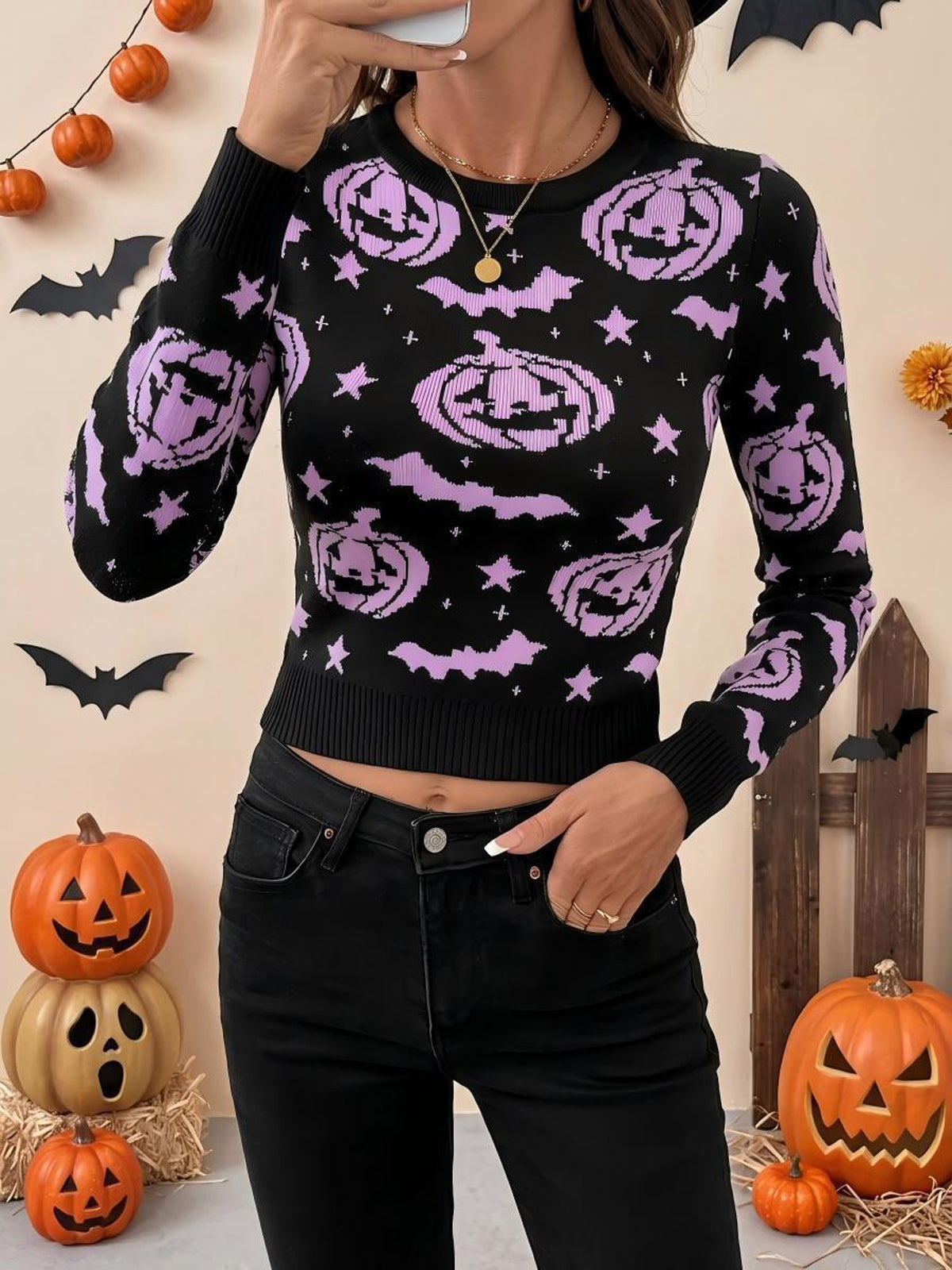 Printed Long Sleeves Round-neck Sweater Tops Pullovers