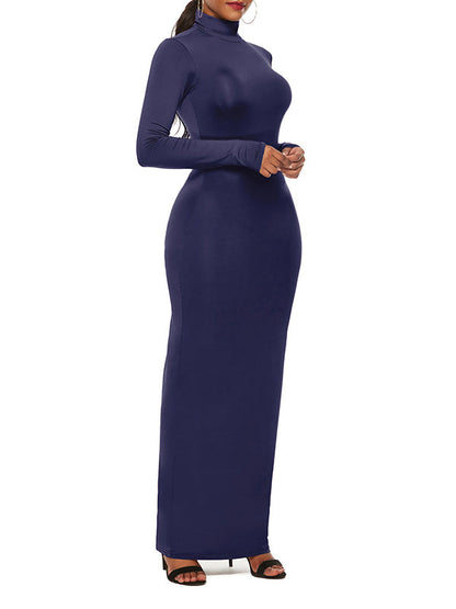 Bodycon Long Sleeves Solid Color High Neck Maxi Dresses