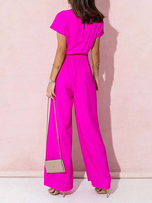 High Waisted Loose Belted Pleated V-Neck Jumpsuits