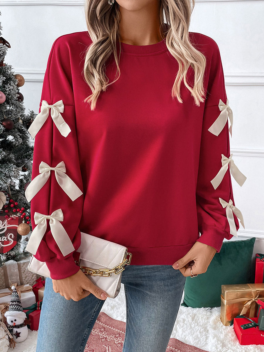 Split-Joint Contrast Color Bow-Embellished Loose Long Sleeves Round-Neck Sweatshirt Tops