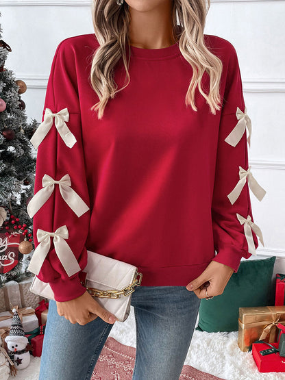 Split-Joint Contrast Color Bow-Embellished Loose Long Sleeves Round-Neck Sweatshirt Tops
