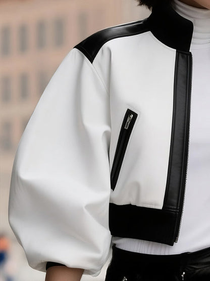 Puff Sleeves Contrast Color Split-Joint Zipper Stand Collar Jackets&Coats