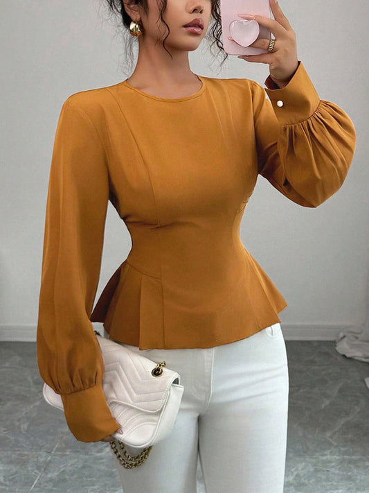 Elasticated Waist High Waisted Asymmetric Pleated Ruffled Solid Color Round-Neck Blouses&Shirts Tops