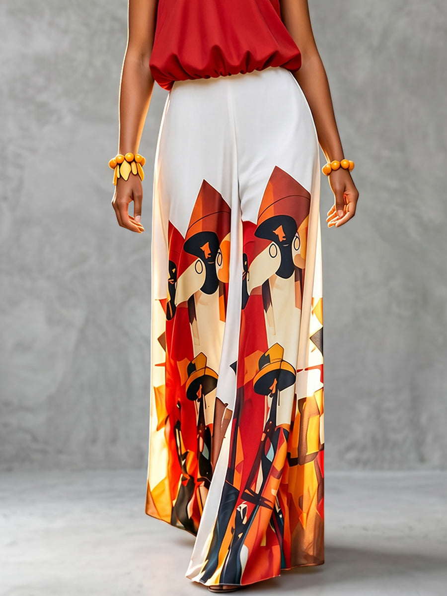 High Waisted Loose Elasticity Pockets Printed Pants Trousers