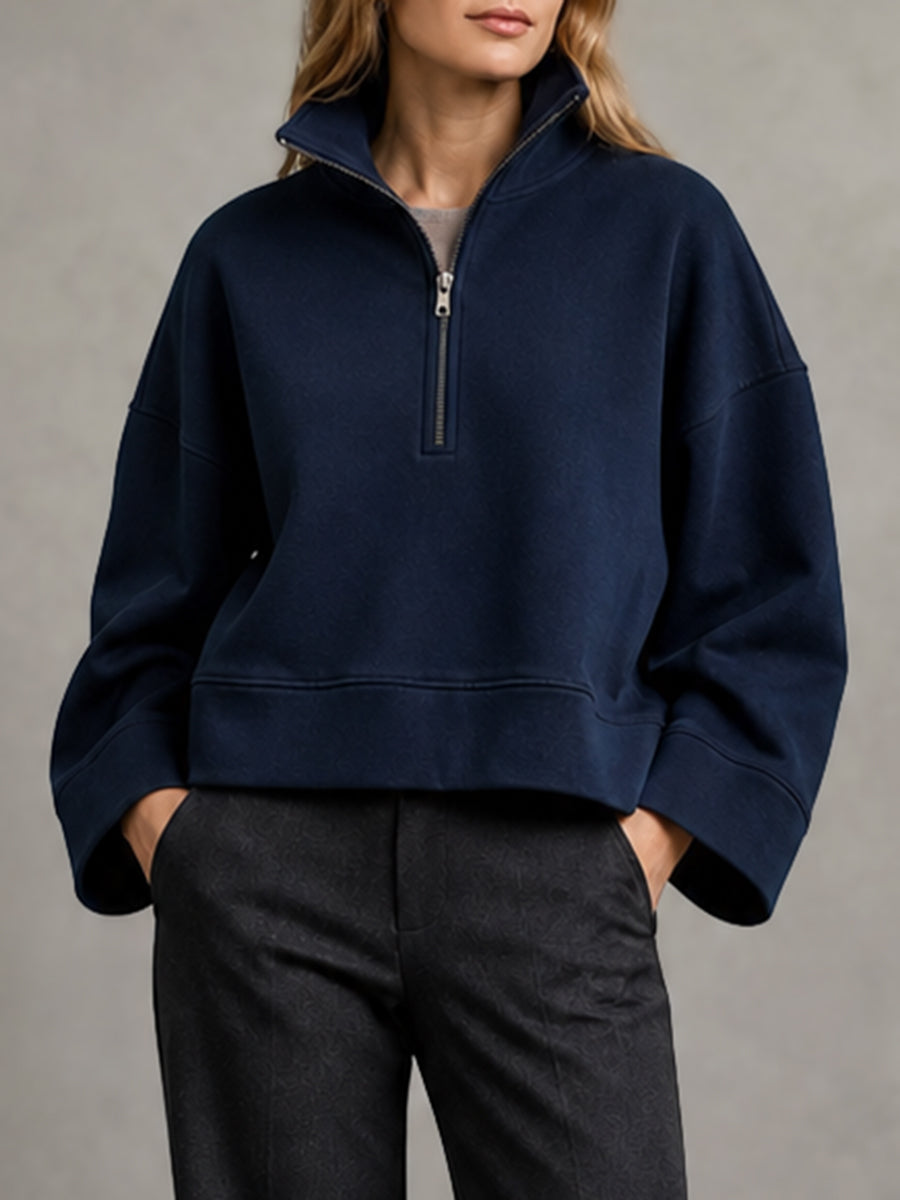 Zipper Solid Color Long Sleeves Stand Collar Sweatshirt Tops