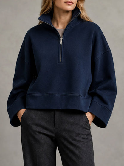 Zipper Solid Color Long Sleeves Stand Collar Sweatshirt Tops