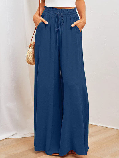 High Waisted Loose Drawstring Elasticity Pockets Solid Color Pants Trousers DEEP BLUE