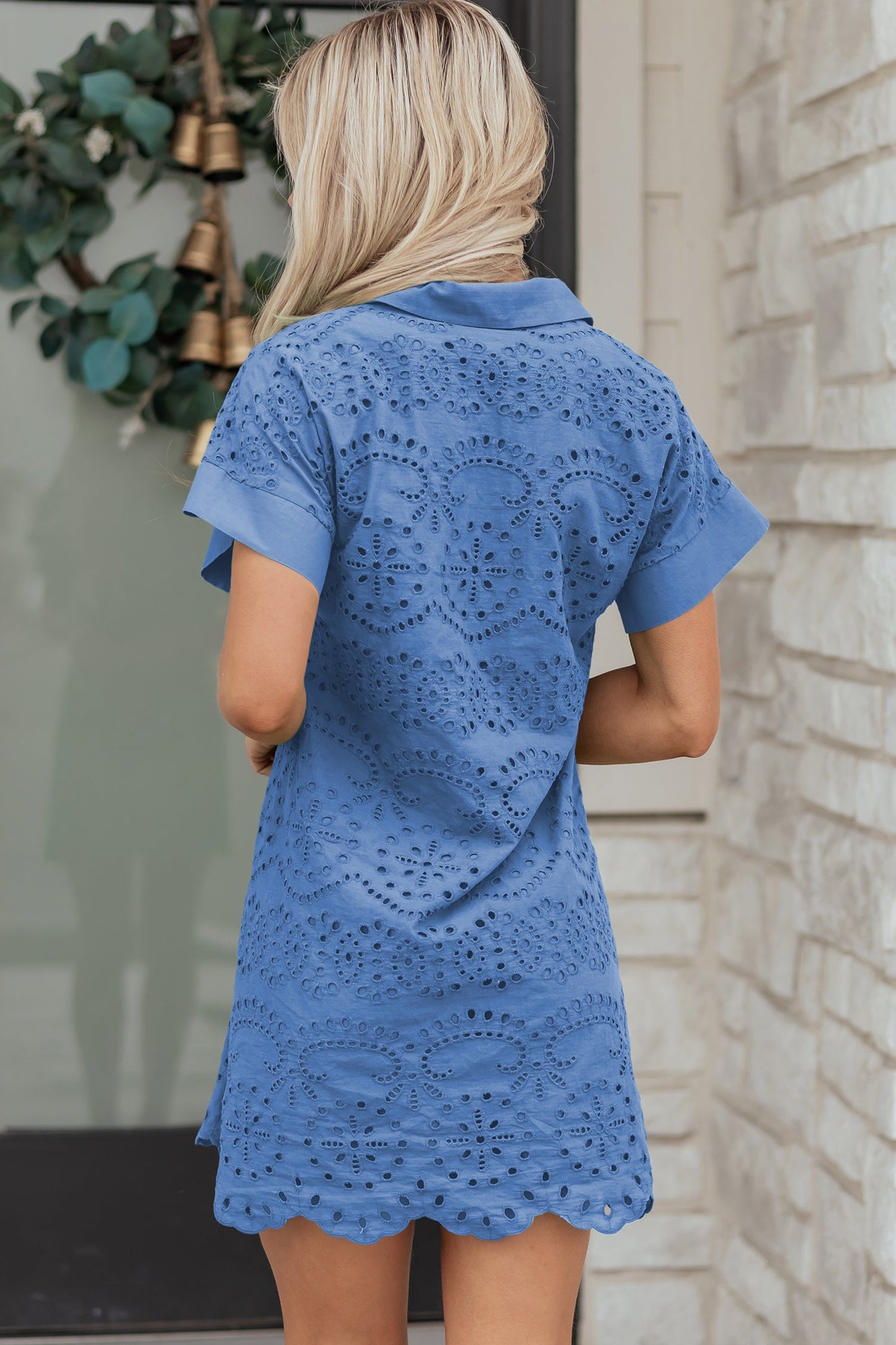 White Solid Color Eyelet Embroidered T Shirt Mini Dress