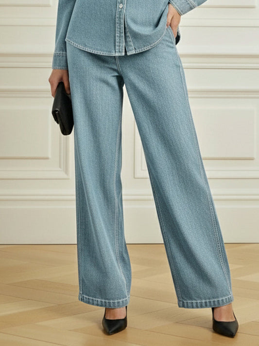 Loose Wide Leg Buttoned Pockets Solid Color Jean Pants Bottoms