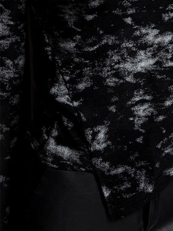 Irregularity Long Sleeves Asymmetric Graffiti Printed Mesh Split-Joint Round-Neck T-Shirts Tops