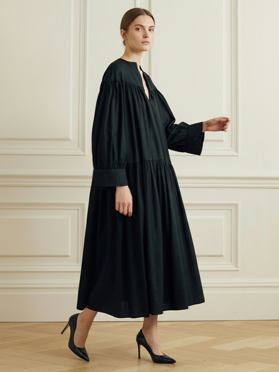 A-Line Long Sleeves Layered Pleated Solid Color V-Neck Midi Dresses