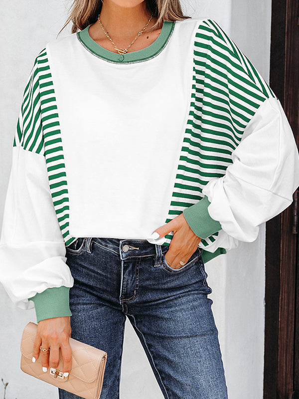 Long Sleeves Loose Contrast Color Striped Round-Neck Sweatshirt Tops