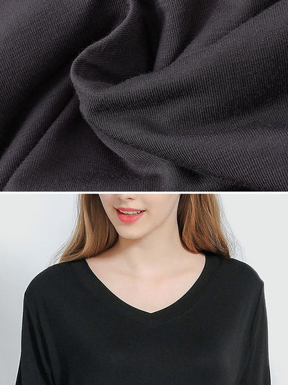 Simple Short Sleeves Loose Split-Side Solid Color V-Neck Pajamas Dress