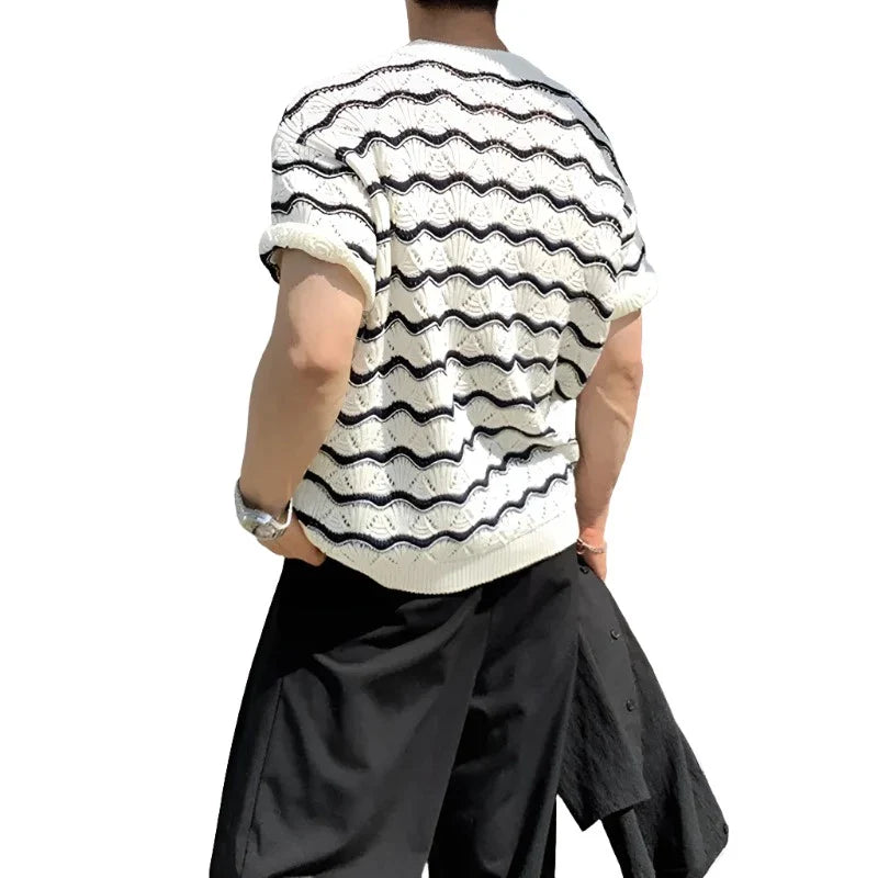 Men Knitted Shirt | Men Striped Summer Shirt | Short Sleeve | Hollow Out Knit
