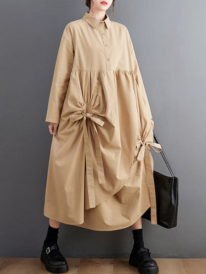 A-Line Long Sleeves Buttoned Pleated Pockets Solid Color Tied Lapel Midi Dresses Shirt Dress