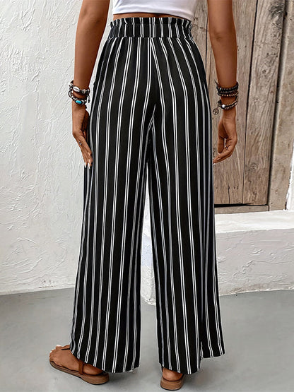 Pantalon taille haute ample à poches contrastées et à rayures nouées à la taille 