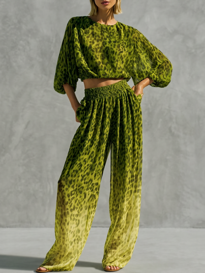 High Waisted Wide Leg Contrast Color Elasticity Leopard Pockets Printed Pants Trousers