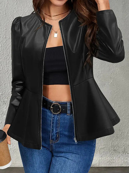 Long Sleeves Loose Split-Joint Zipper Round-Neck Jackets Outerwear