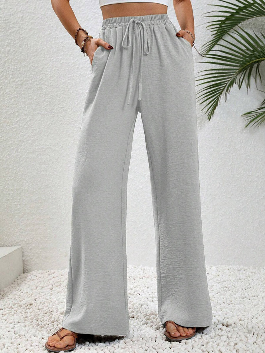 High Waisted Loose Elasticity Pleated Solid Color Tied Waist Pants Trousers