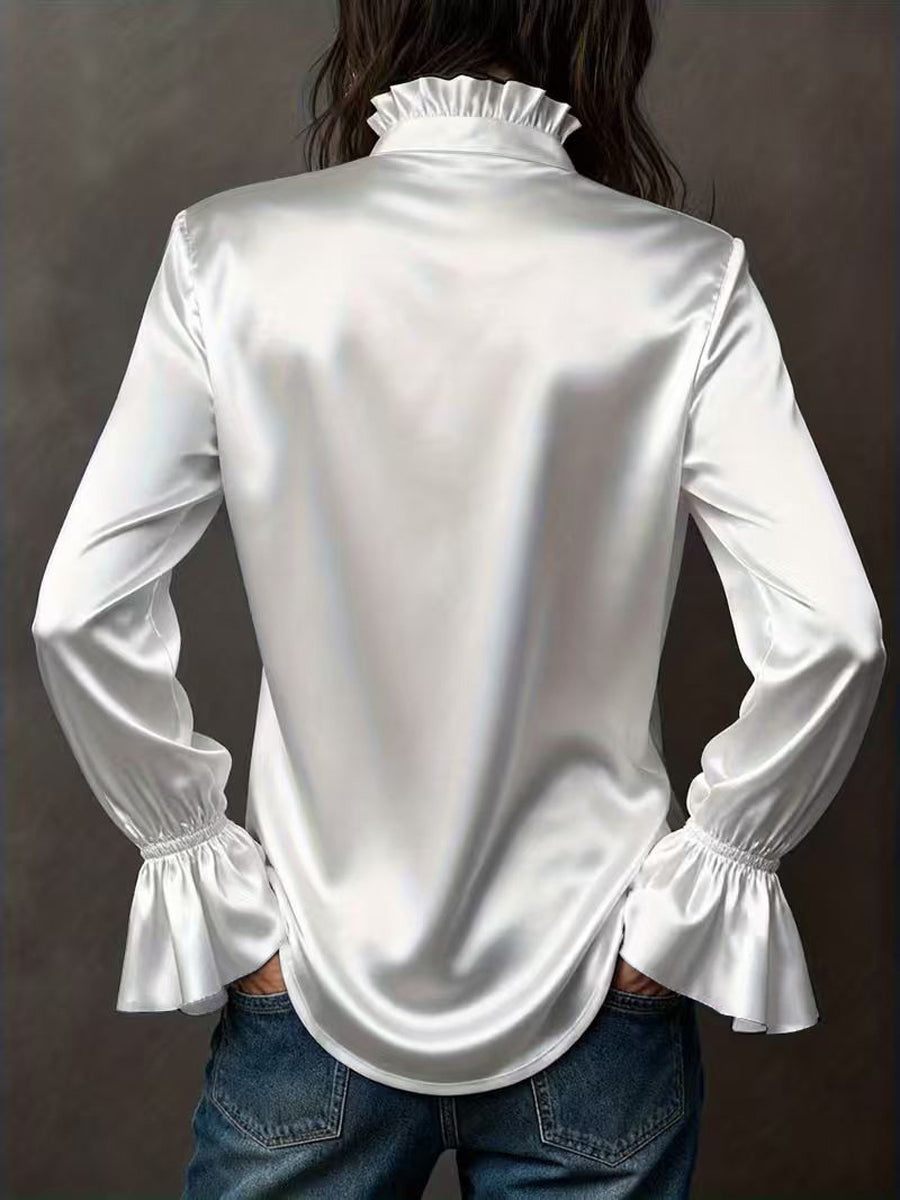 Flared Sleeves Long Sleeves Buttoned Elasticity Solid Color Lapel Blouses&Shirts Tops