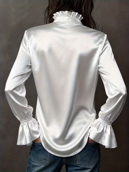 Flared Sleeves Long Sleeves Buttoned Elasticity Solid Color Lapel Blouses&Shirts Tops