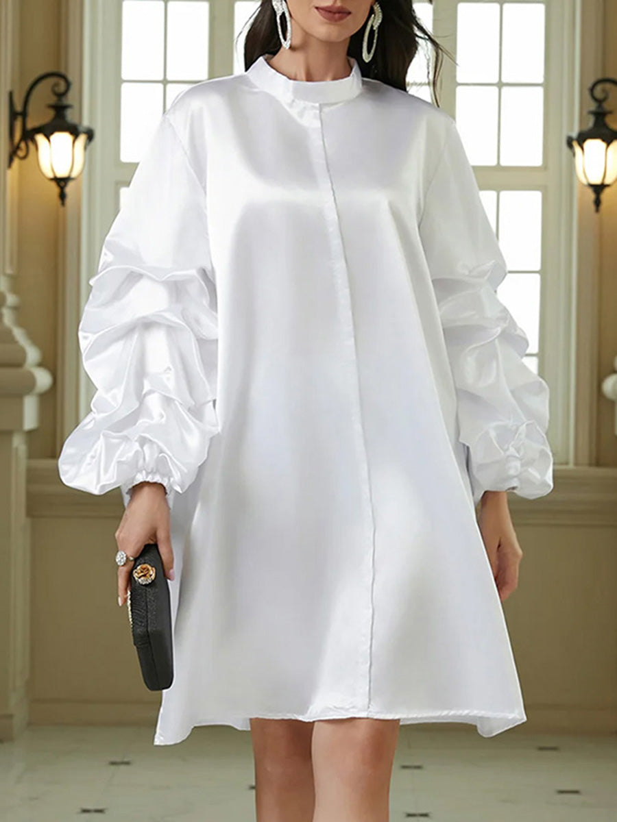 Long Sleeves Loose Pleated Solid Color Split-Joint Stand Collar Mini Dresses