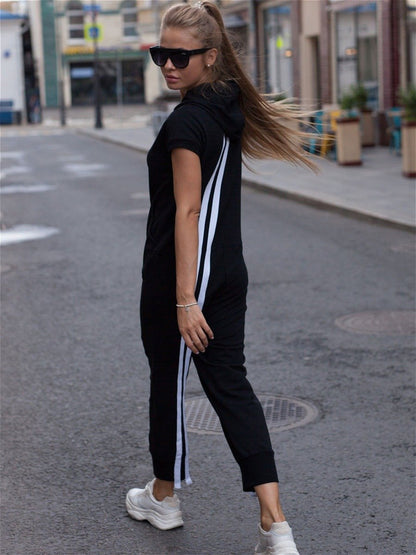 Fashion Stripes Zipper Hooded Jumpsuits