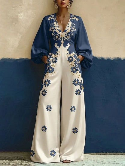 Pockets Flower Print Elasticity Contrast Color Wide Leg Long Sleeves V-neck Jumpsuits [Enhanced Image Details]