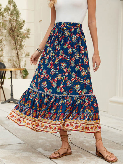Loose Elasticity Flower Print Pleated Split-Joint Skirts Bottoms