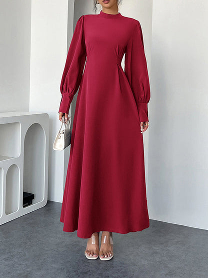A-Line High Waisted Pleated Solid Color Tied Waist Mock Neck Maxi Dresses