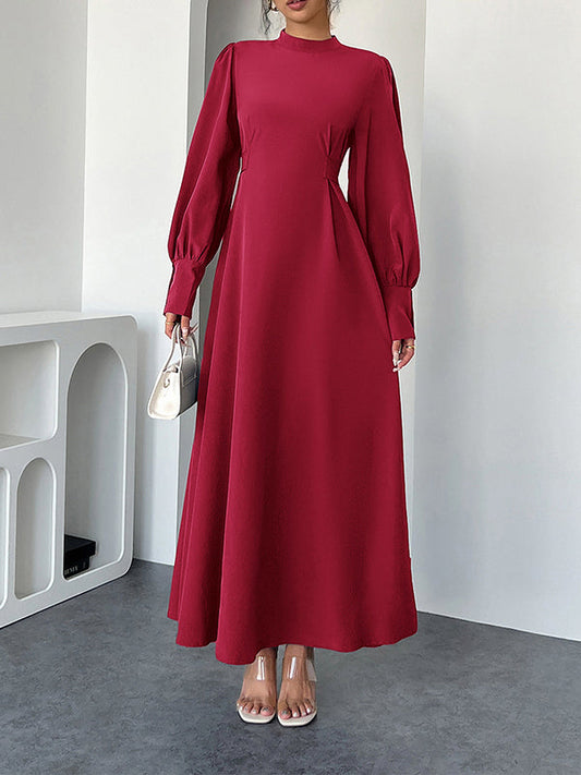 A-Line High Waisted Pleated Solid Color Tied Waist Mock Neck Maxi Dresses