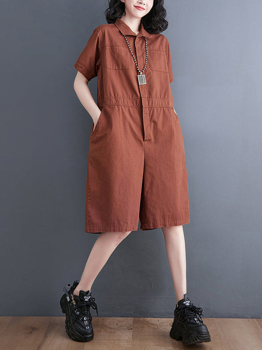 Simple Solid Color Lapel Short Sleeve Jumpsuits