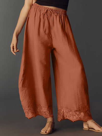 Split-Joint Solid Color Pockets Elasticity Drawstring Wide Leg Loose Trousers Pants