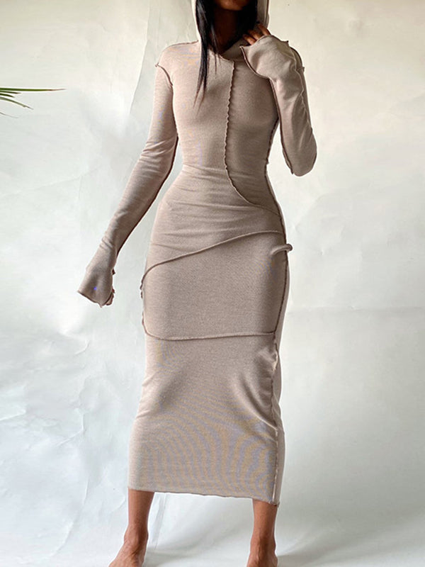 Robe longue fendue à capuche et manches longues, grande taille, couleur unie 