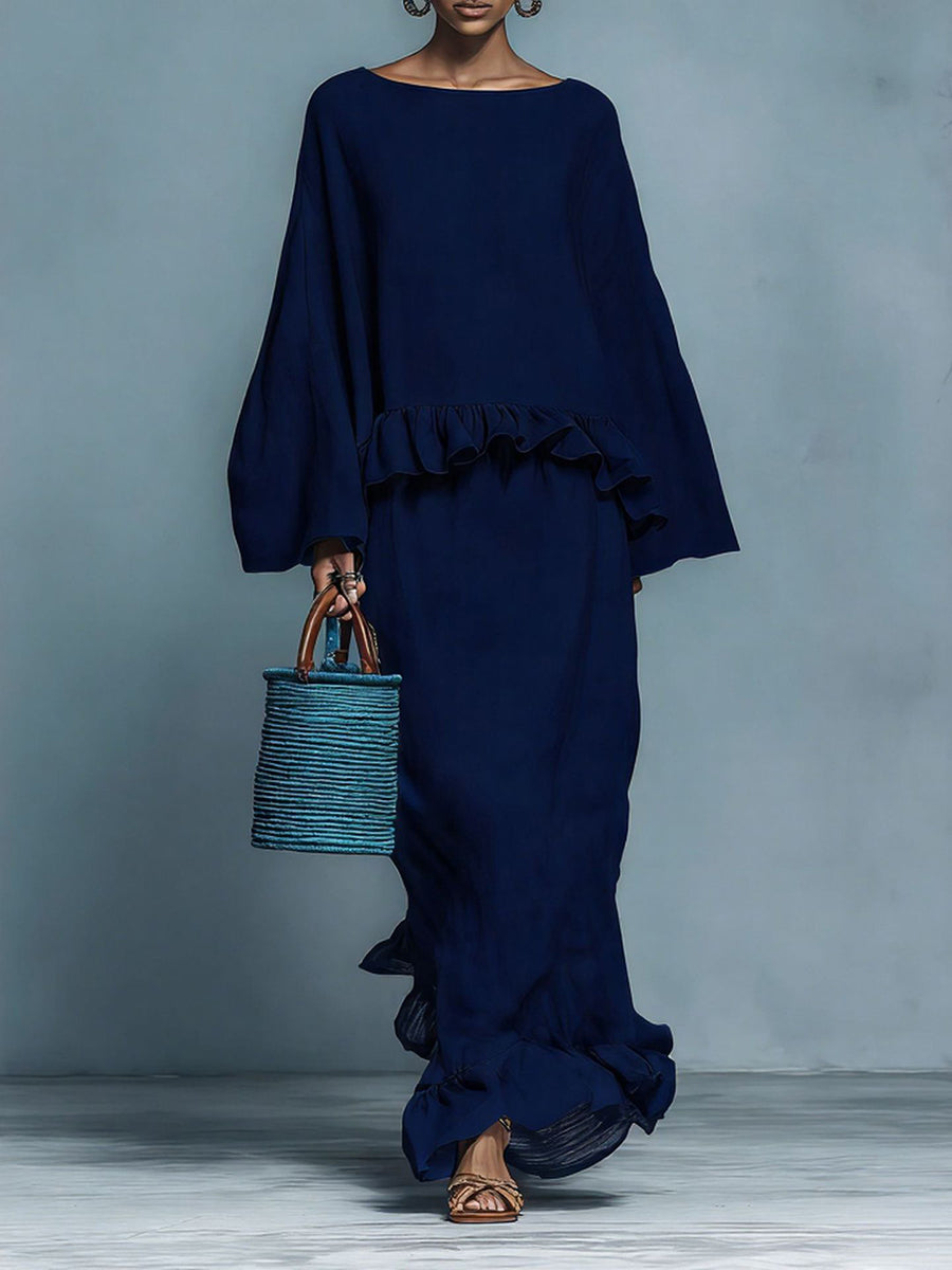 Pleated Ruffled Solid Color Split-Joint Round-neck Long Sleeves Blouses&shirts Tops + High Waisted Skirts Bottoms Two Pieces Set