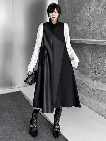 Irregularity Loose Asymmetric Buttoned Solid Color Split-Joint High Neck Midi Dresses