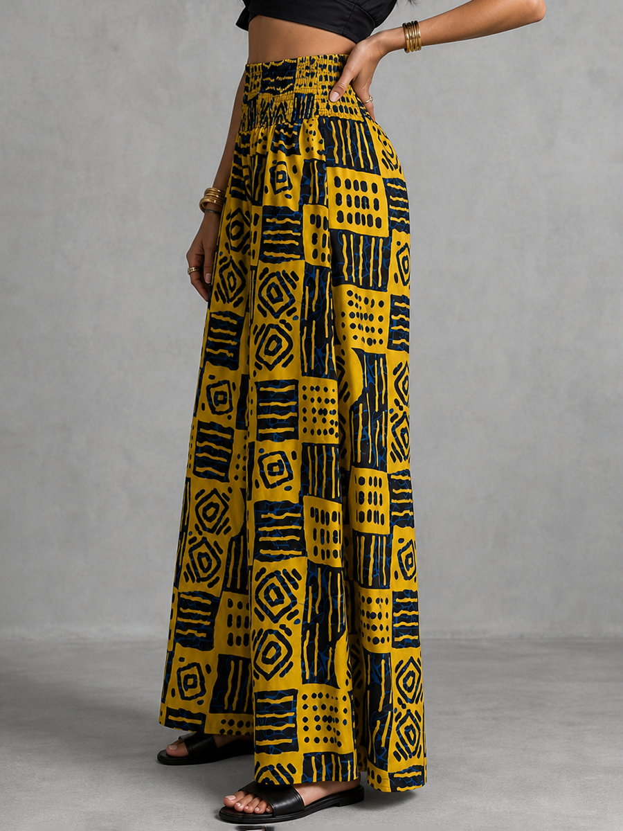 High Waisted Wide Leg Contrast Color Elasticity Pleated Printed Pants Trousers