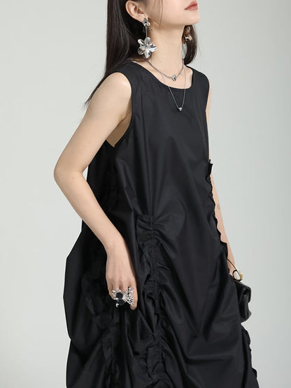 Robe mi-longue ample sans manches, asymétrique, élastique, plissée, couleur unie, col rond 